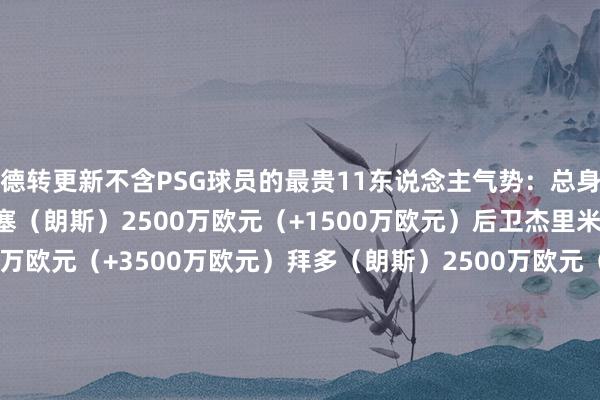 德转更新不含PSG球员的最贵11东说念主气势：总身价：4.3亿欧元门将里塞（朗斯）2500万欧元（+1500万欧元）后卫杰里米-雅凯（雷恩）5500万欧元（+3500万欧元）拜多（朗斯）2500万欧元（+1300万欧元）塔蒂（南特）2500万欧元（+1300万欧元）中场阿尤布-布阿迪（里尔）5000万欧元（+1000万欧元）拉明-卡马拉（摩纳哥）3500万欧元（+500万欧元）阿克利乌什（摩纳哥）5000万欧元（+500万欧元）恩瓦内里（马赛）4000万欧元派尚（马赛）3500万欧元时尚格林伍德（马赛）5500万欧元（+500万欧元）帕尼切利（斯特拉斯堡）3500万欧元（+1000万欧元）体育集锦